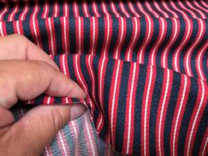 Fastvævet bomuld - klassisk stribet twill, rød og denimblå